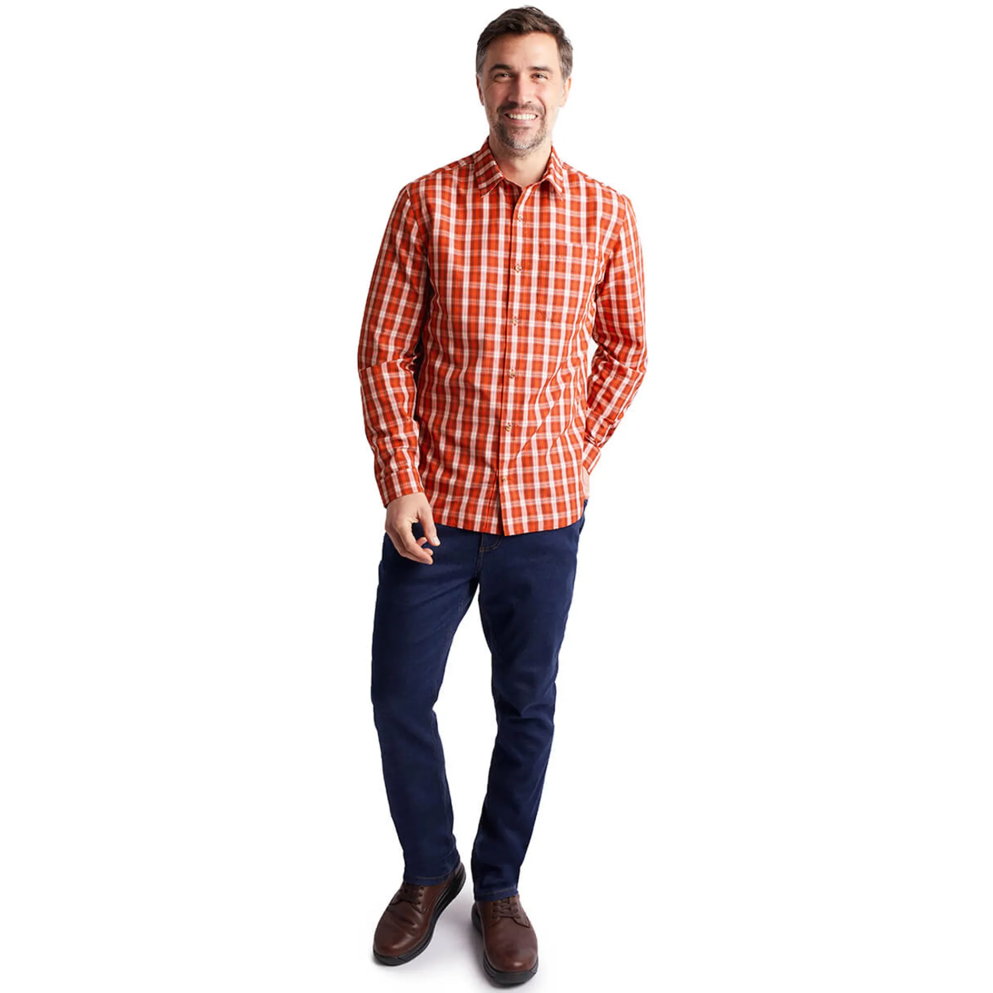 Men Rohan Men'S Coast Long Sleeve Shirt Solar Orange/Auburn Check