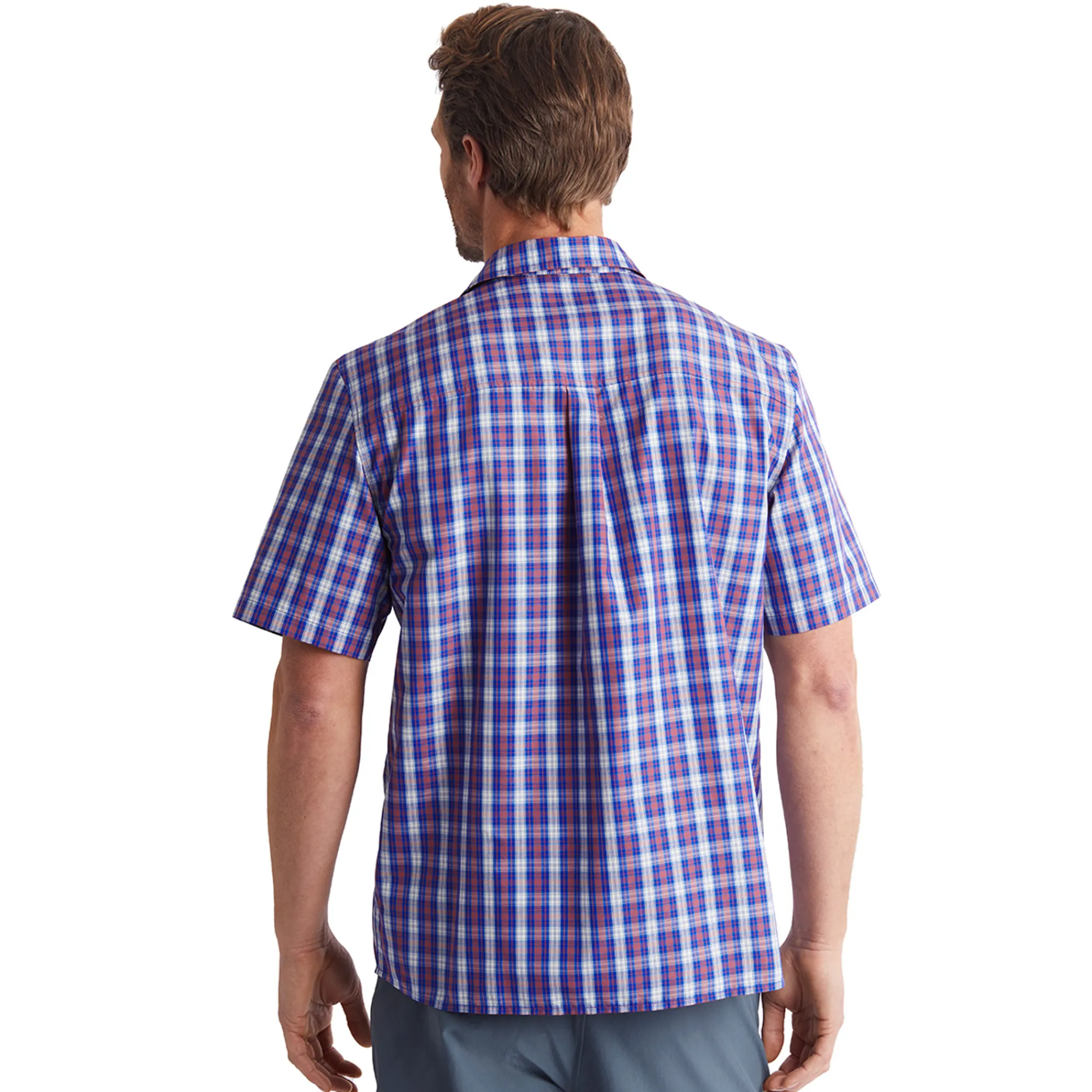 Men Rohan Men'S Coast Short Sleeve Shirt Ridge Blue/Solar Orange Check