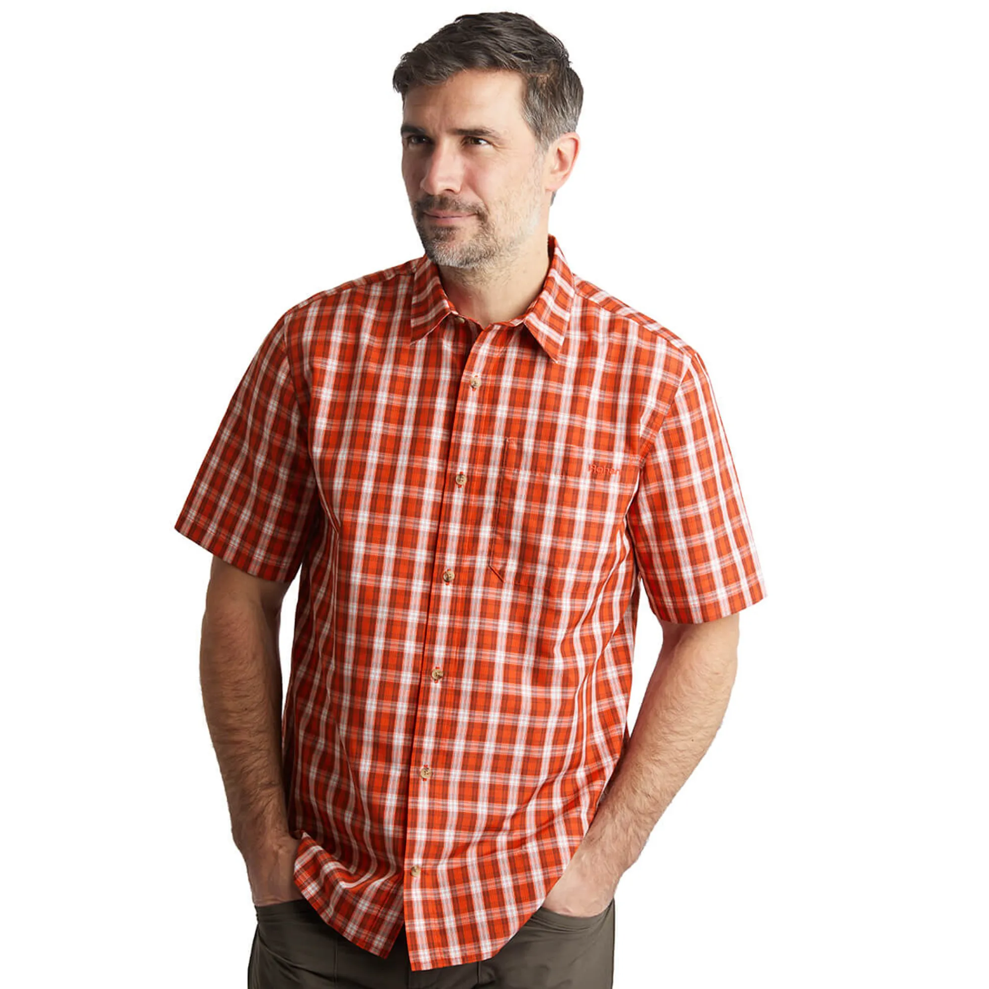 Men Rohan Men'S Coast Short Sleeve Shirt Solar Orange/Auburn Check
