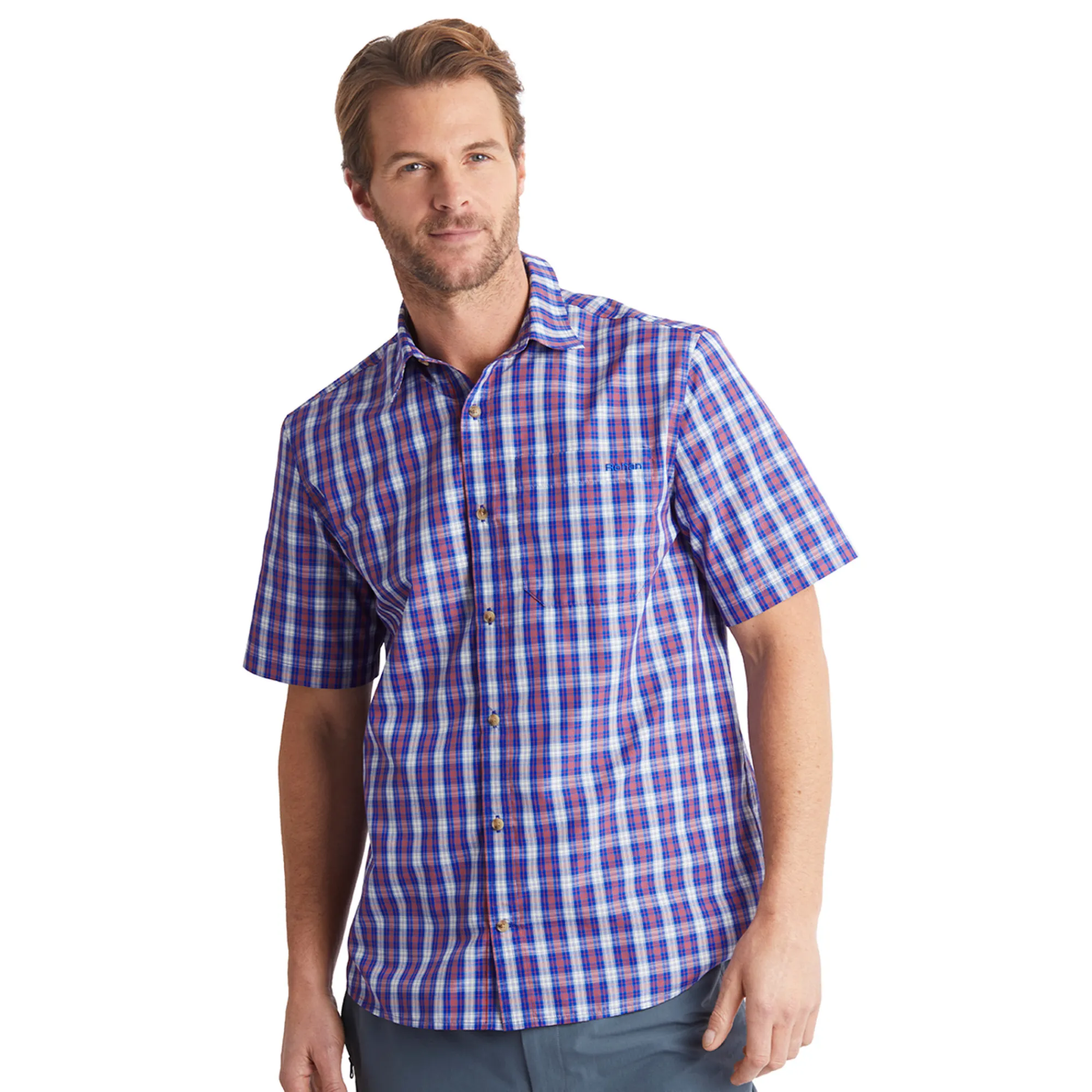 Men Rohan Men'S Coast Short Sleeve Shirt Ridge Blue/Solar Orange Check