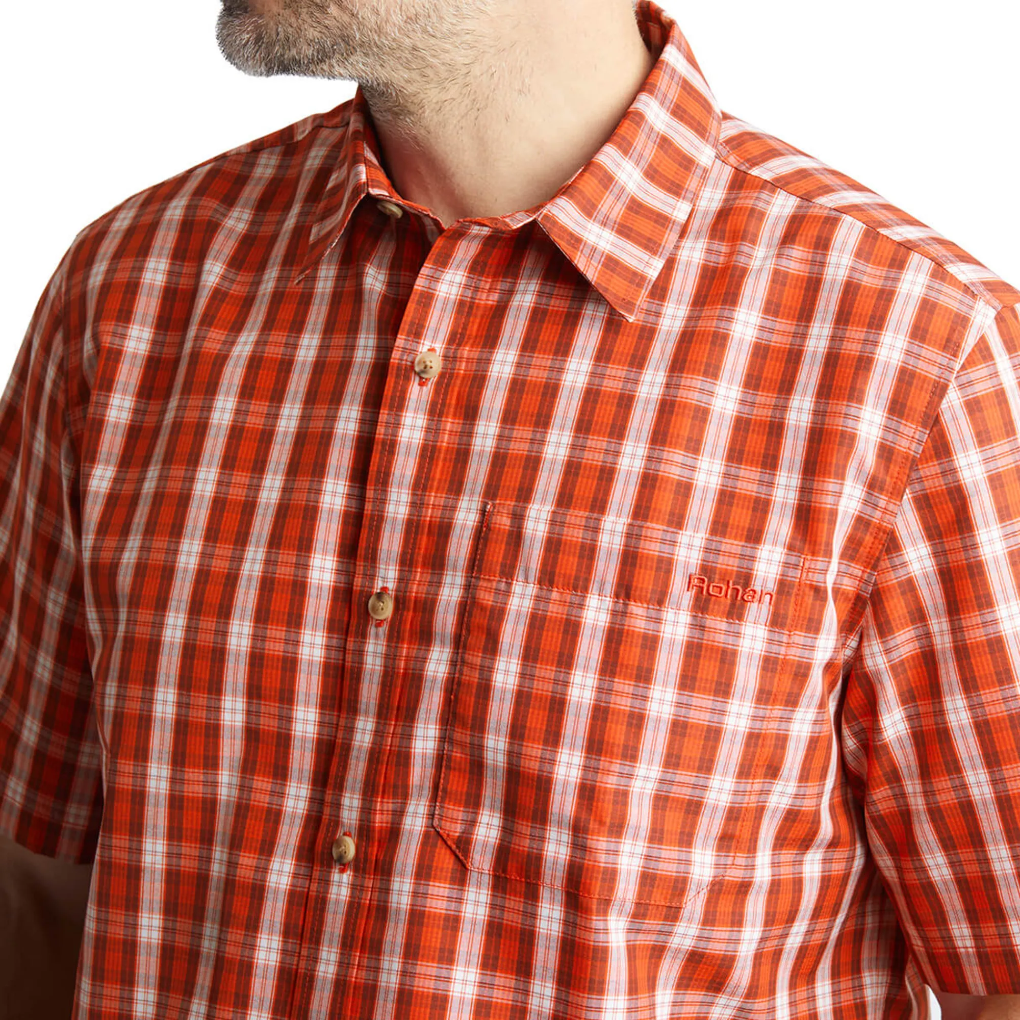 Men Rohan Men'S Coast Short Sleeve Shirt Solar Orange/Auburn Check