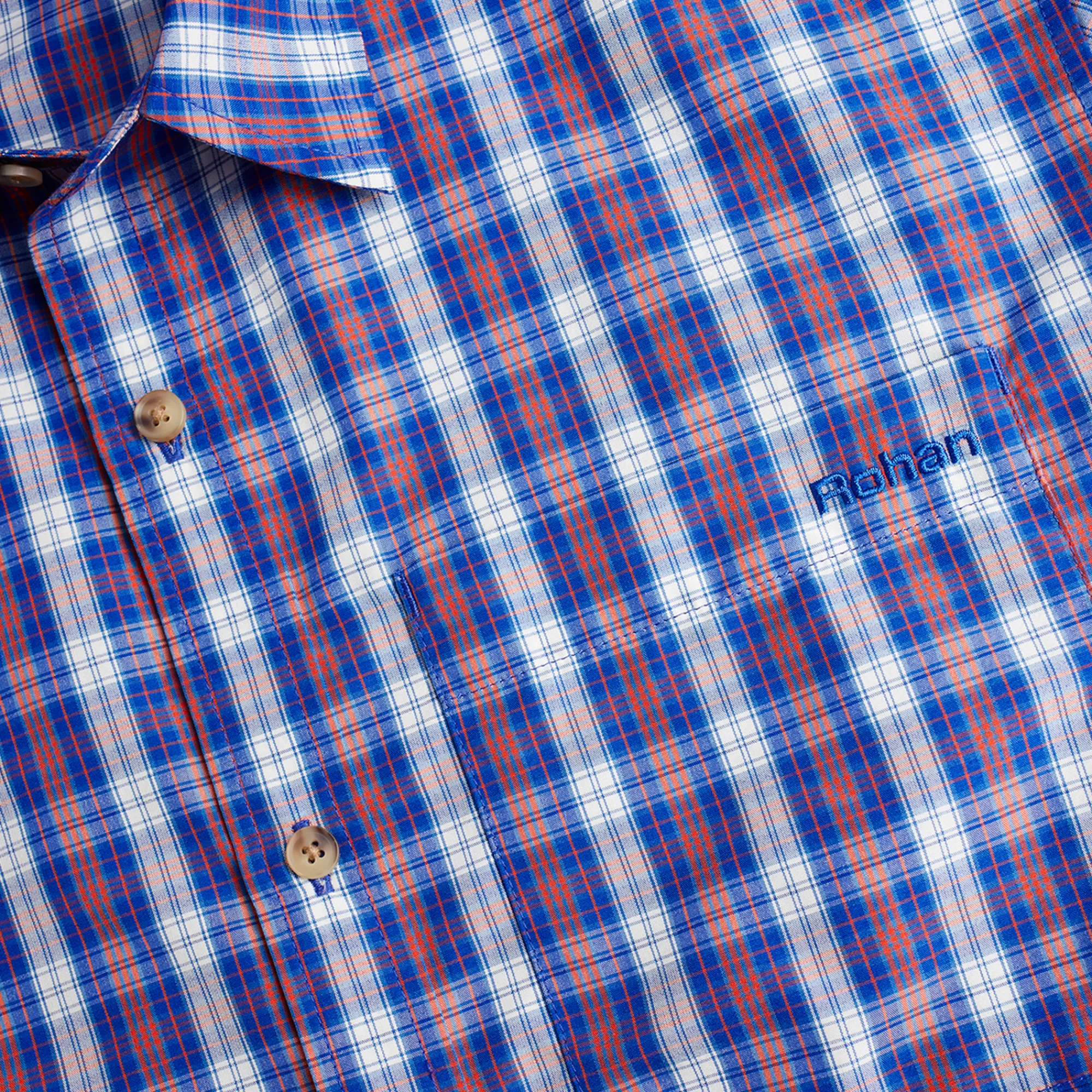 Men Rohan Men'S Coast Short Sleeve Shirt Ridge Blue/Solar Orange Check