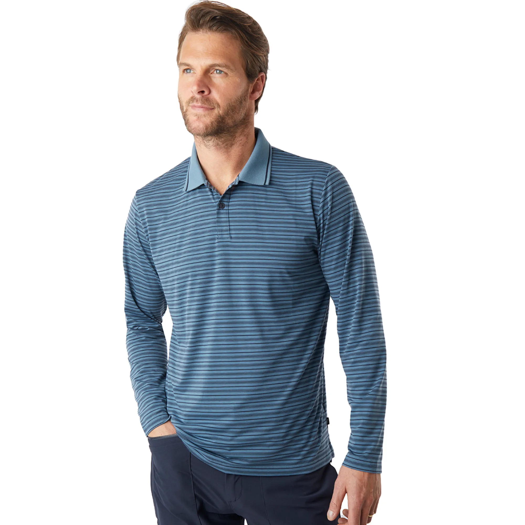 Men Rohan Men'S Shoreline Long Sleeve Polo Shadow Blue/Navy Stripe