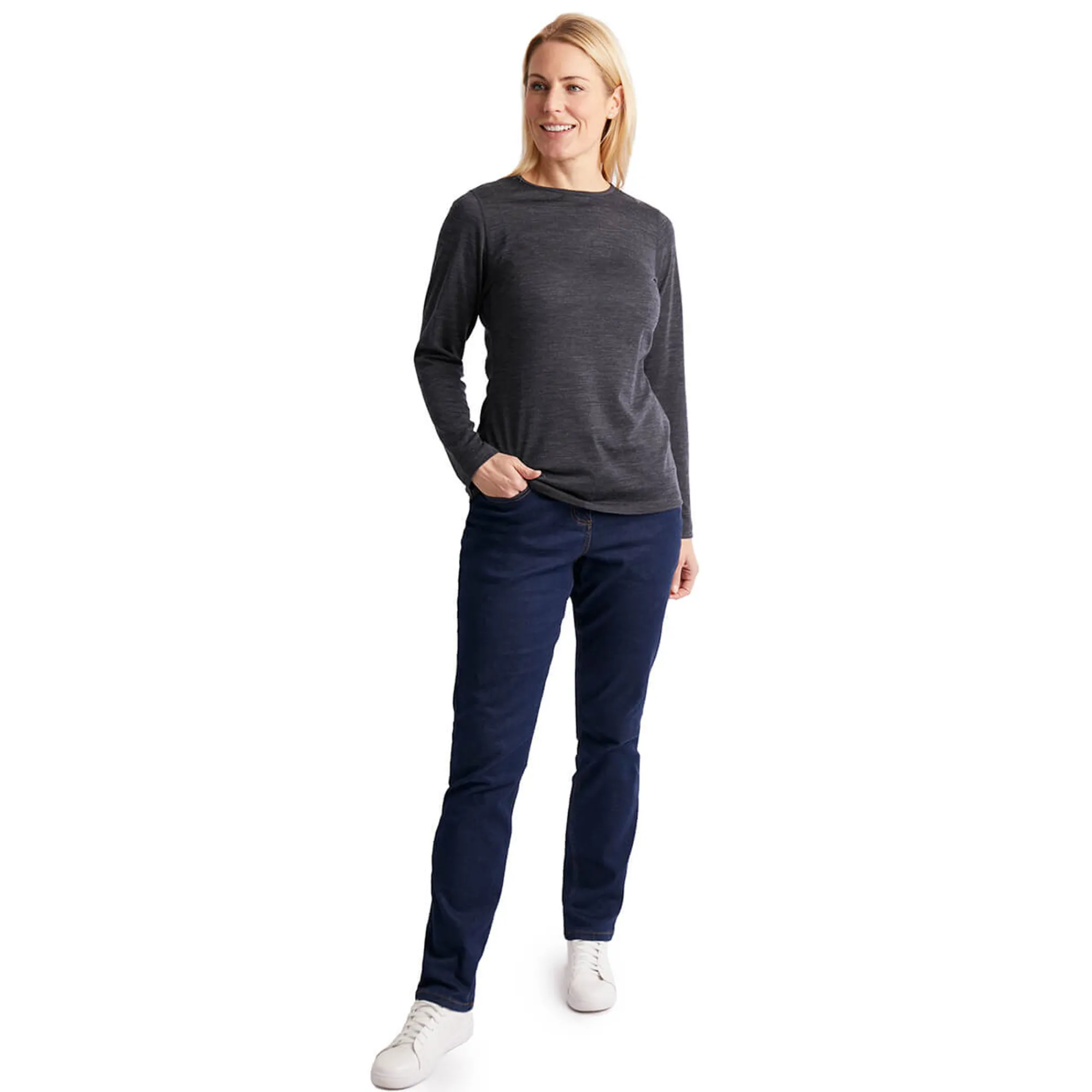 Women Rohan Women'S Merino Union 150 Long Sleeve Crew Dark Charcoal Marl