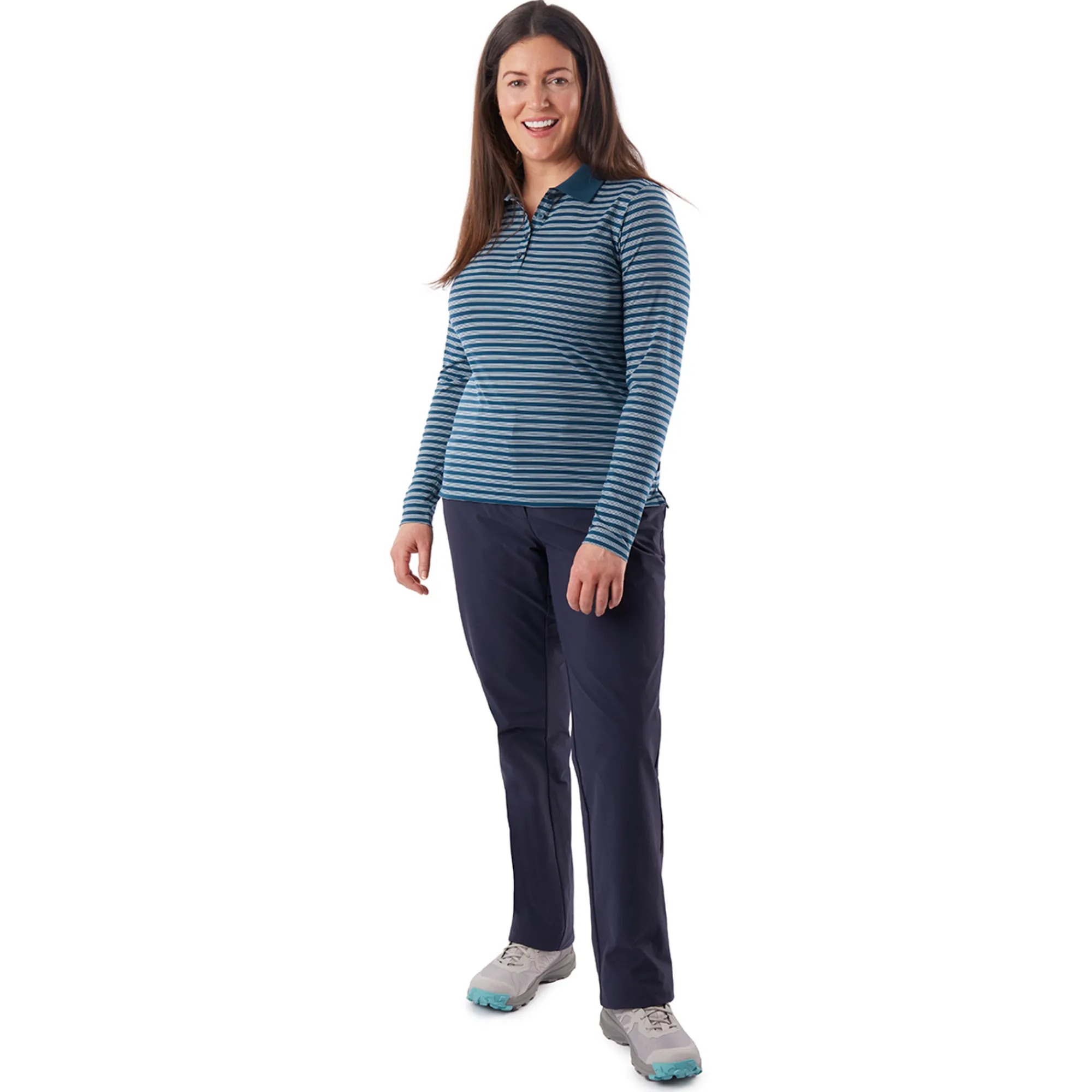 Women Rohan Women'S Shoreline Long Sleeve Polo Teal Blue Stripe