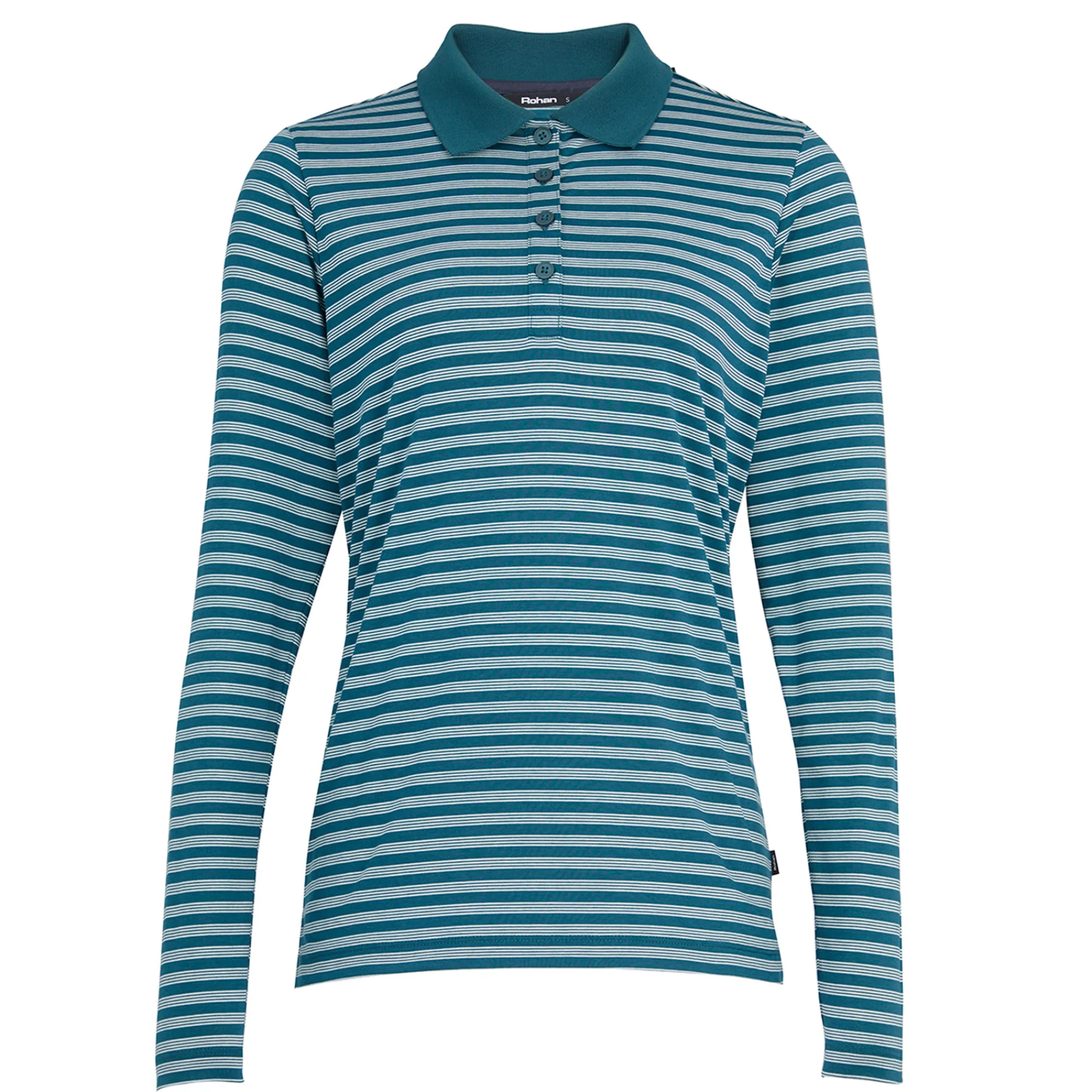 Women Rohan Women'S Shoreline Long Sleeve Polo Teal Blue Stripe