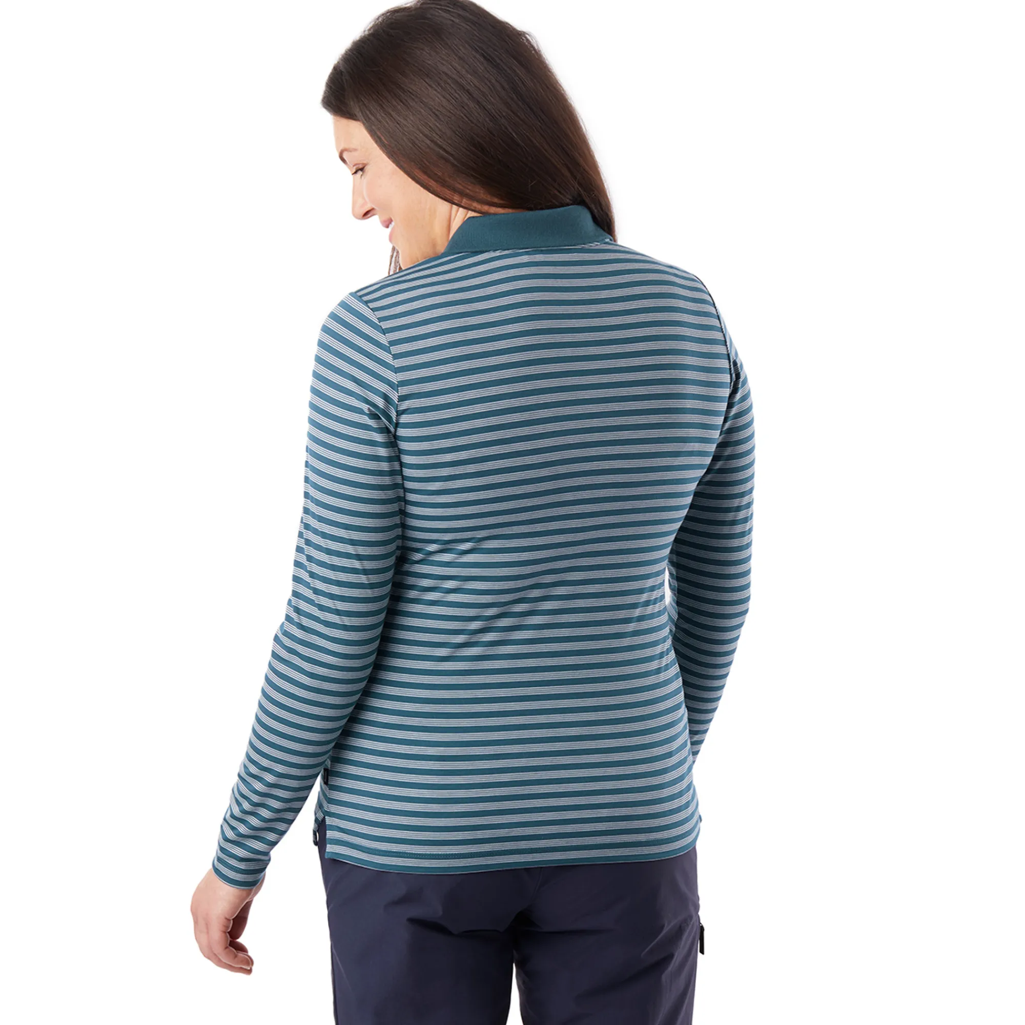 Women Rohan Women'S Shoreline Long Sleeve Polo Teal Blue Stripe