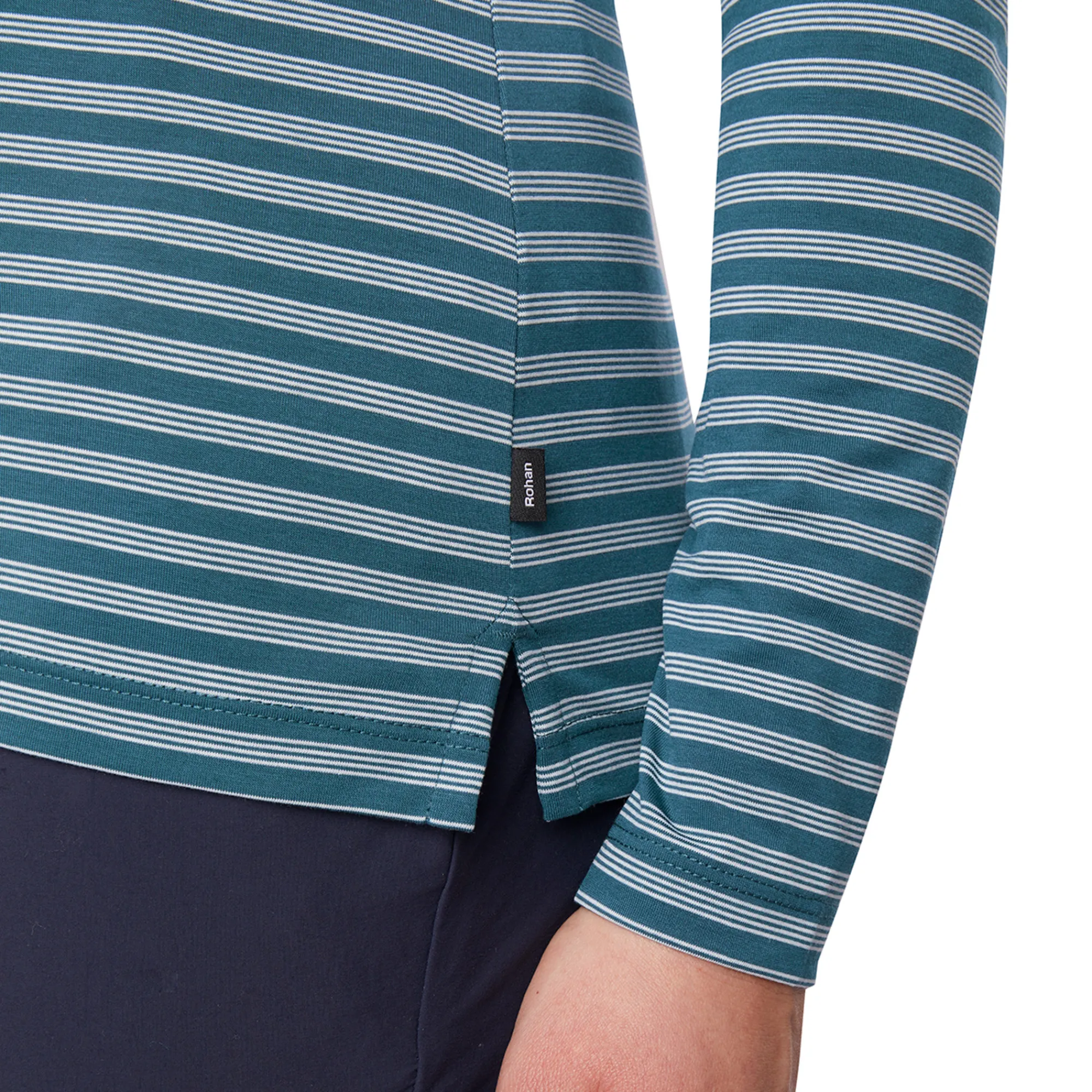Women Rohan Women'S Shoreline Long Sleeve Polo Teal Blue Stripe