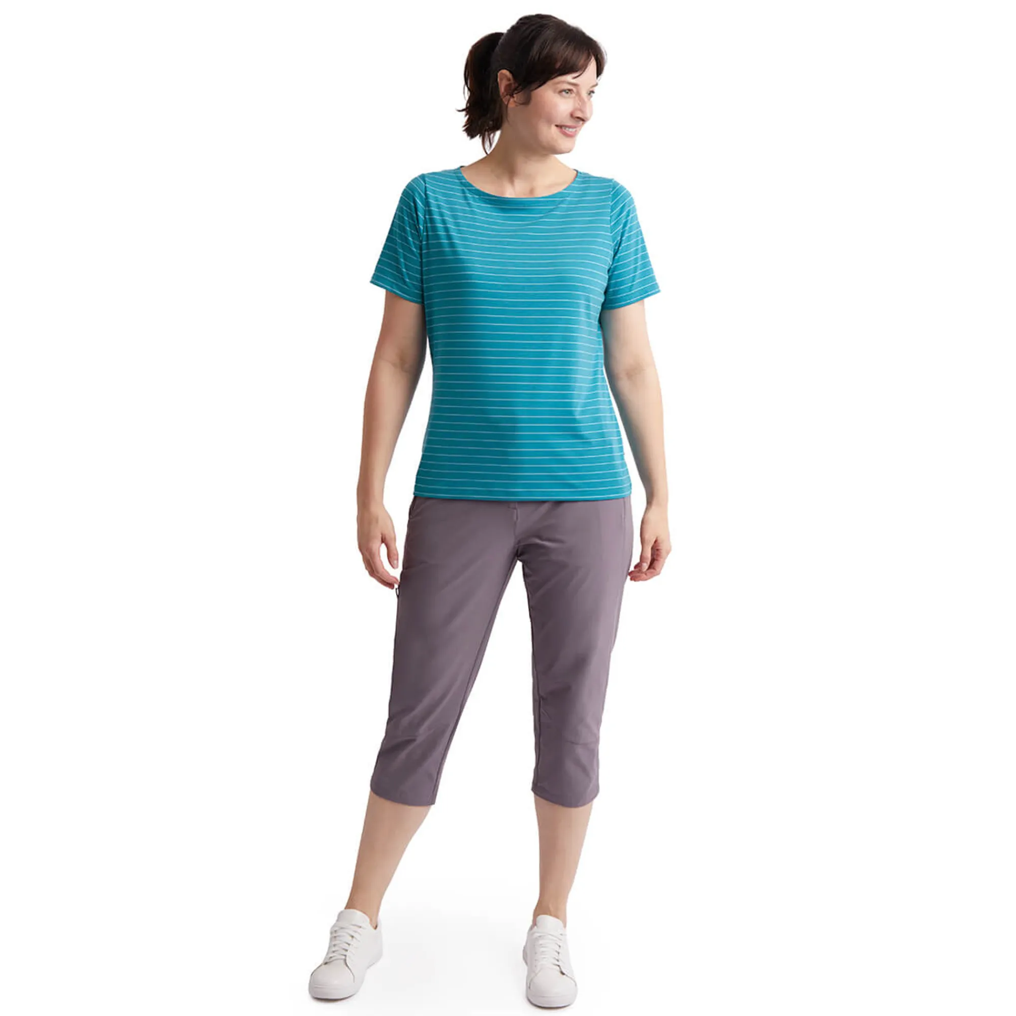 Women Rohan Women'S Shoreline Short Sleeve Top Cove Blue/Ecru Stripe