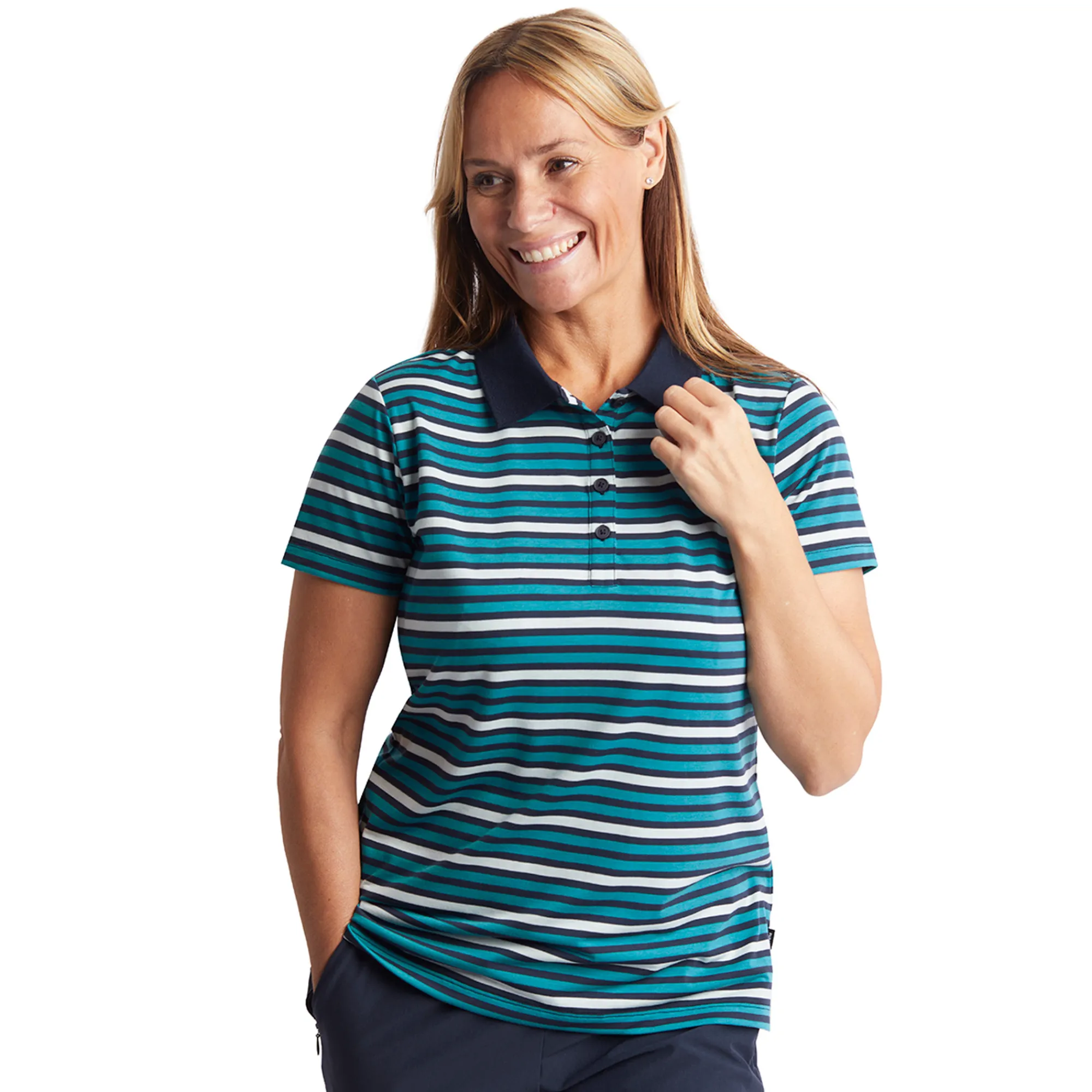 Women Rohan Women'S Shoreline Short Sleeve Polo Cove Blue/Navy Stripe