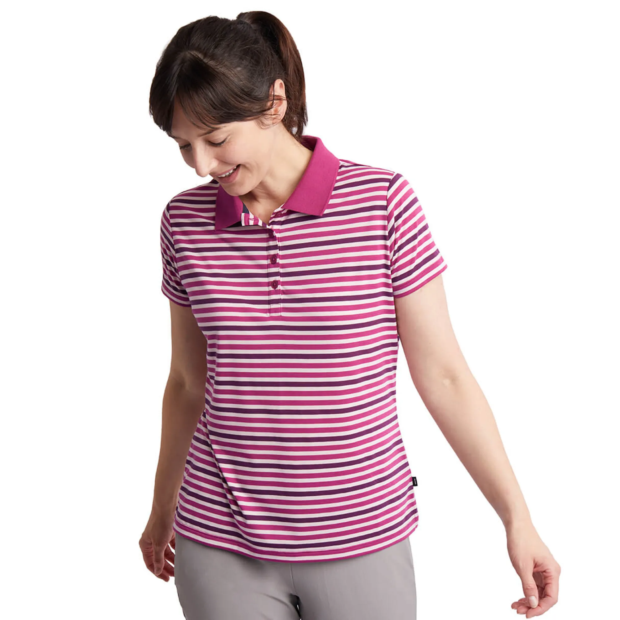 Women Rohan Women'S Shoreline Short Sleeve Polo Raspberry Pink/Purple Stripe