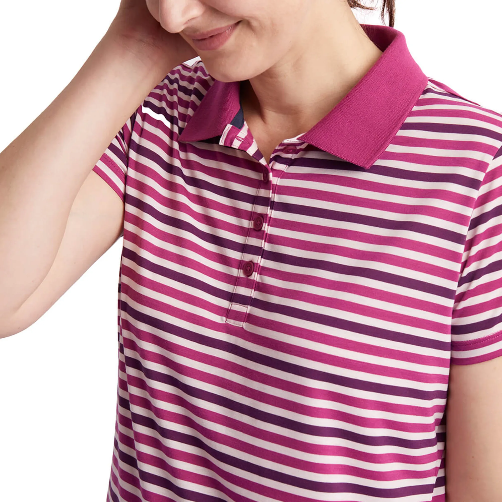 Women Rohan Women'S Shoreline Short Sleeve Polo Raspberry Pink/Purple Stripe